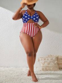 SHEIN Swim Curve Plus Size Summer Beach Americana Printed Drawstring Side Cutout Front One-Piece Swimsuit - Multicolor - View 5