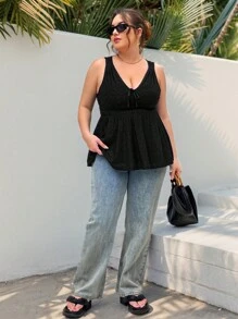 SHEIN Essnce 大碼女性夏季休閒度假性感V領修身背心，黑色紋理上衣，可愛的夏季上衣，女士坦克，性感女衣，派對上衣，坦克頂部 - 黑色 - 查看 3