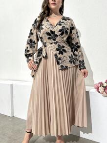 Modelyn Plus Size Women's Spring Summer Floral Printed Overlapping V-Neck Long Sleeved Ruffled Hem Dress Maxi Women Outfit Long Evening Dresses Fall Cloth For Women