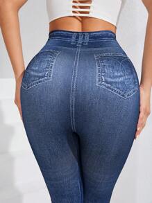 Easithlete 牛仔效果运动紧身裤 - 藍色 - 查看 4