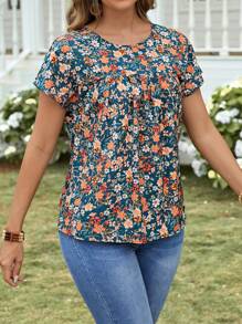 EMERY ROSE Women's Floral Print Round Neck Short Sleeve Casual Blouse