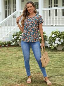 EMERY ROSE Women's Floral Print Round Neck Short Sleeve Casual Blouse