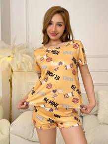 字母和嘴唇圖案休閒女士睡衣套裝 - 黃色 - 查看 1