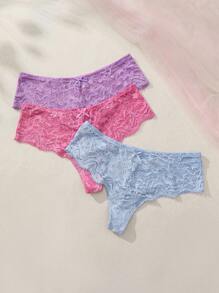 SHEIN Mujeres Calzones T-Back de encaje en unicolor con decoración de lazo - Multicolor - Ver 6