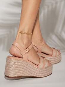 SHUZIA Ladies Metal Chain Decorated Wedge Heel Platform Sandals, Suitable For Daily Wear And Traveling - Beige - View 5