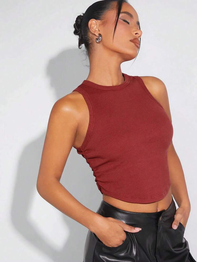 Women's Plain Ruched Round Neck Cropped Casual Tank Top