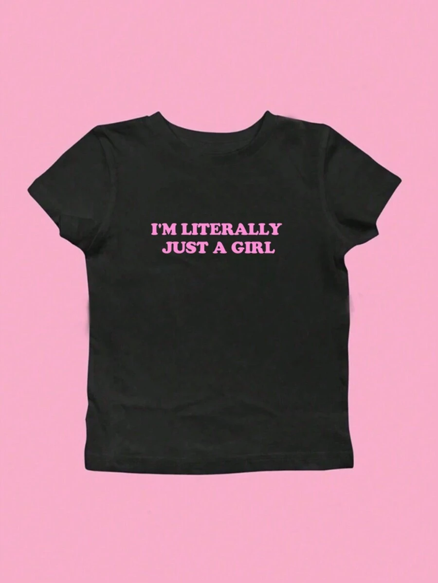 SHEIN Große Größen Rosa T-Shirt mit Schriftzug-Aufdruck, "I'M LITERALLY JUST A GIRL" Grafik T-Shirt Oberteil für Damen im Sommer - Schwarz - Übersicht 1
