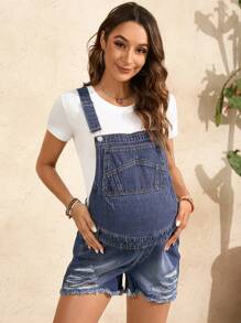 SHEIN 孕婦破洞牛仔褲短褲 - 中等水洗藍 - 查看 5