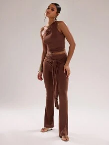 MUSERA Slinky Wrap Waist Fit Flare Trousers Elegant Summer Sexy Chic - Chocolate Brown - View 1