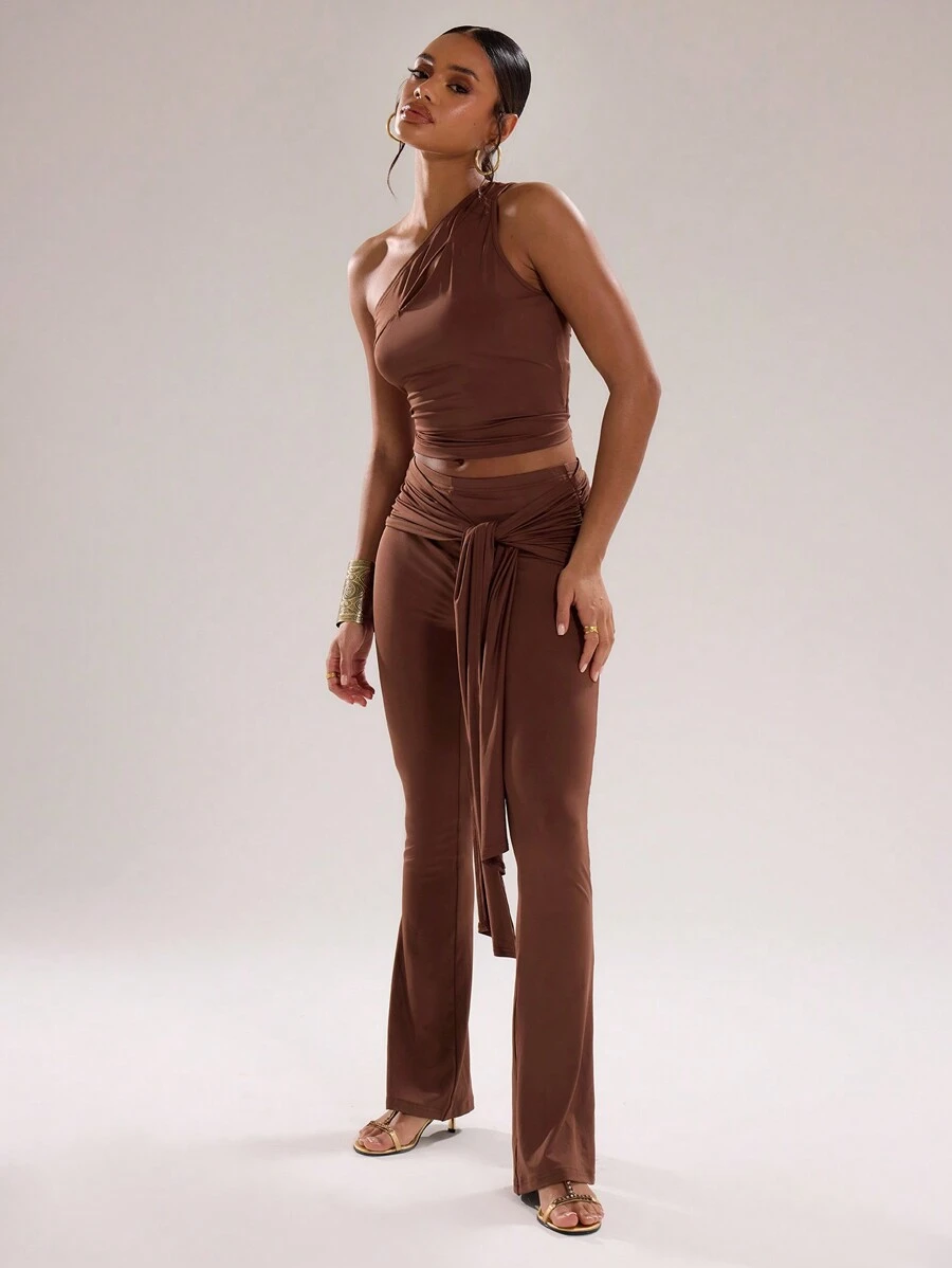 MUSERA Slinky Wrap Waist Fit Flare Trousers Elegant Summer Sexy Chic - Chocolate Brown - View 1