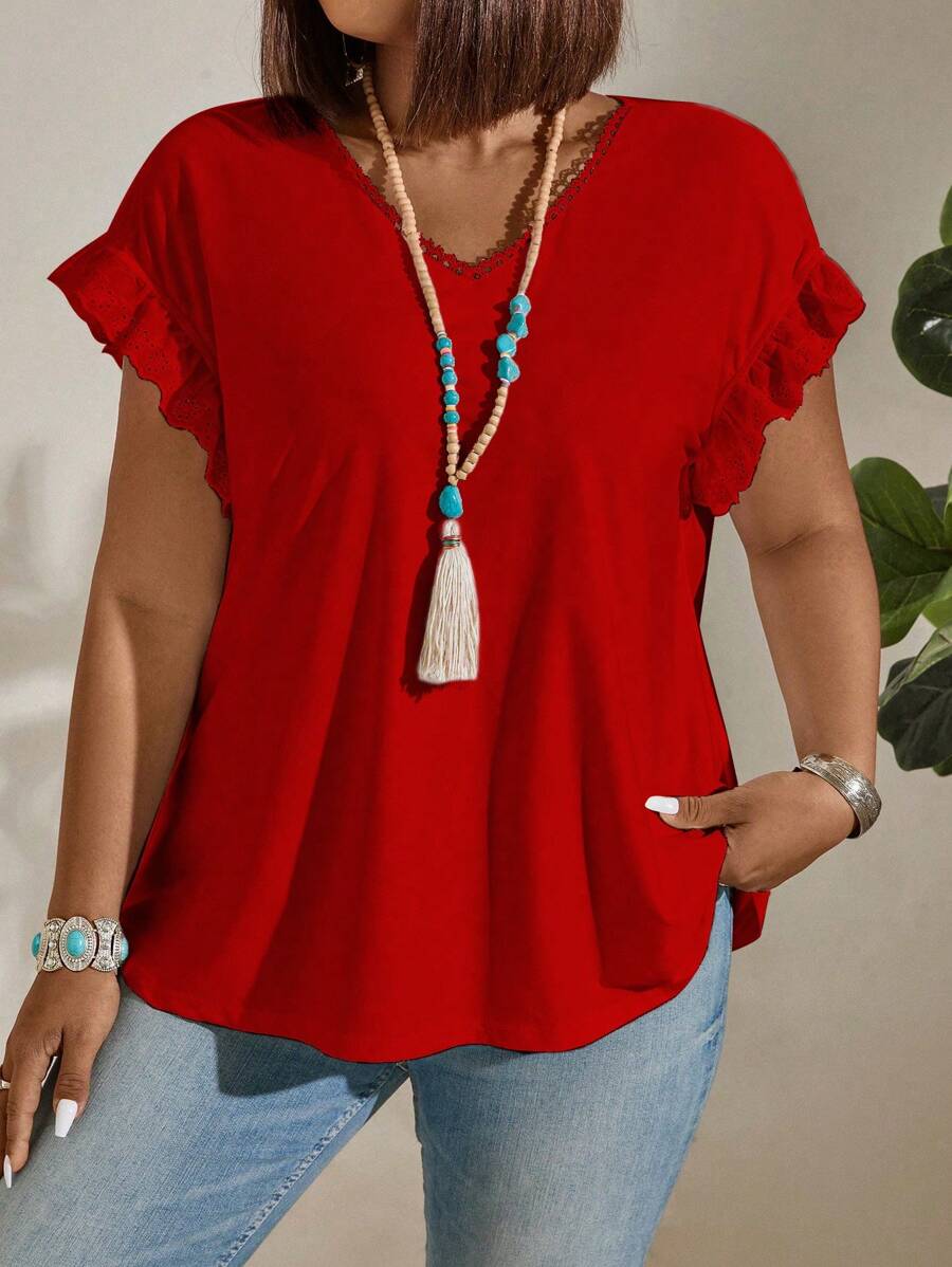 EMERY ROSE Plus Size Solid Color Lotus Sleeve T-Shirt For Summer - Red - View 1