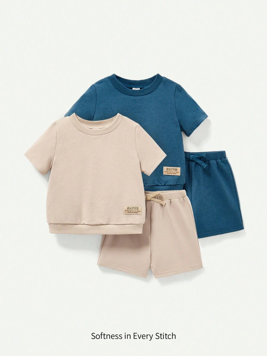 Cozy Pixies 4pcs Baby Boys' Solid Color Decorative Woven Label Short Sleeve Pullover Top And Shorts Set Matching Set - Khaki - View 1