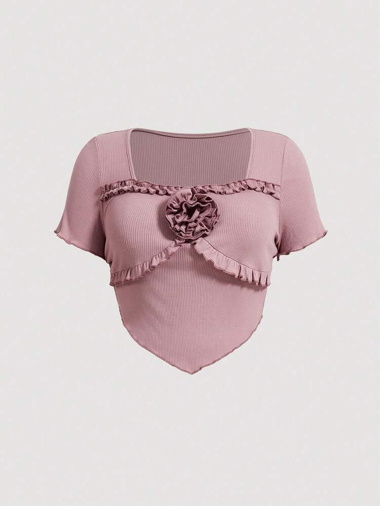 Plus Size Summer 3D Rose Flower & Ruffle Hem Decor Tight-Fitting Asymmetrical Bottom T-Shirt