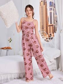 SHEIN Teen Girl Cute Bear Pattern Wedding/Party Cami Vest And Long Pants Flaming Retardant Outfits Set