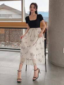DAZY Flower Print Square Collar Short Sleeve 2 In 1 Waist-Cinched Long Summer Dress - Multicolor - View 2