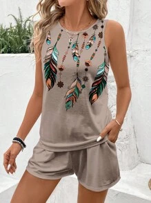 EMERY ROSE Feather Printed Vest And Solid Color Shorts Summer Women Slim Fit 2-Piece Set