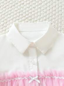 Baby Girl Elegant, And Cute White & Pink Mesh Contrast Top, Suitable For Daily Wear, Leisure, Parties And Festivals