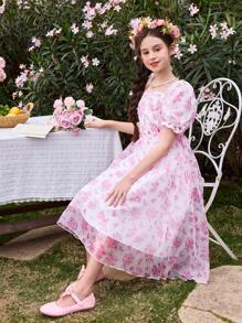Tween Girls Elegant And Cute Floral And Printed Organza Dress - Pink - View 3