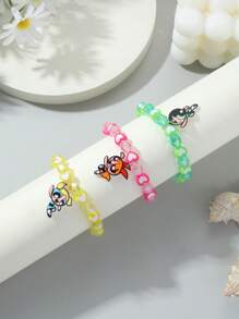 The Powerpuff Girls | ROMWE 3pcs Cartoon Characters Blossom, Bubbles, Buttercup Pattern Heart Beaded Bracelet, Valentines,Mom,Mother,Mother's Day,Gift - Multicolor - View 2