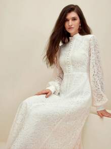 Anewsta Vestido elegante de unicolor con mangas de linterna de encaje para mujeres, ropa para fiesta de vacaciones, atuendo maxi para mujeres