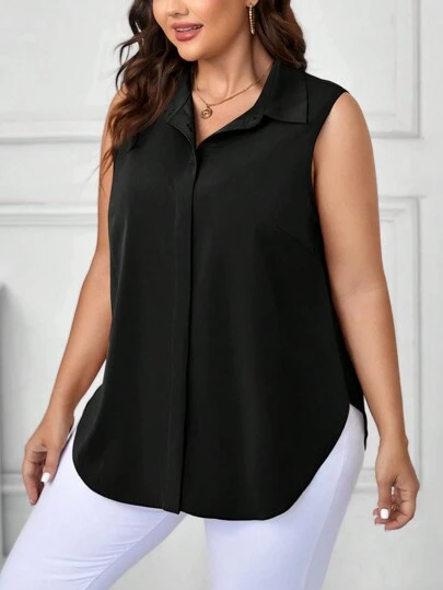 SHEIN Clasi Camisa de talla grande para mujer con estilo, de color sólido y sin mangas