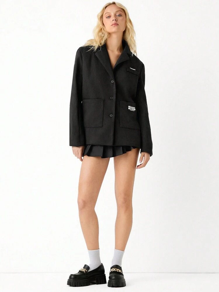 Letter Patched Detail Dual Pocket Lapel Neck Blazer