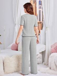 SHEIN 青少女時尚優雅編織紋插肩蝴蝶結T恤和褲子家居套裝 - 淺灰色 - 查看 2