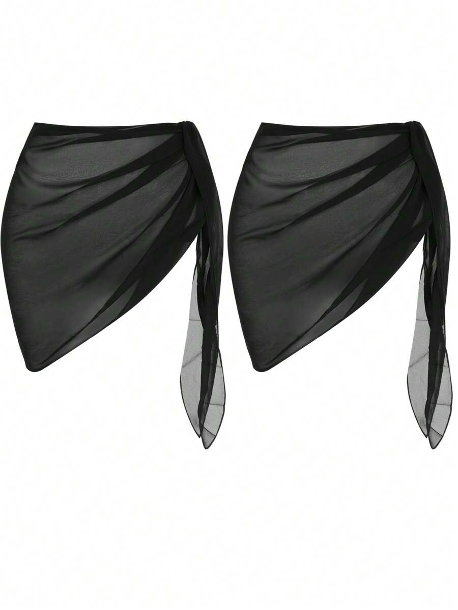 Swim Basics 2pcs Side-Tie Asymmetric Hem Sheer Lightweight Summer Beach Cover-Up Skirt
