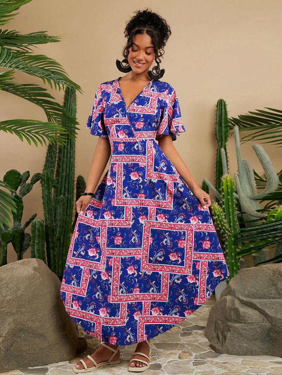 SHEIN VCAY Holiday Women's Scarf Print Flutter Sleeve Dress, Maxi Women Dresses - Multicolor - View 1