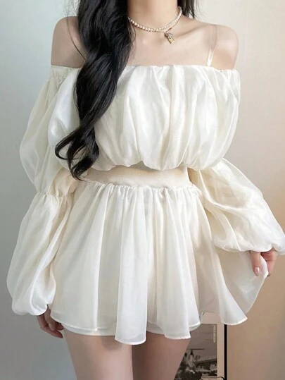 DAZY 女士优雅纯色露肩灯笼袖衬衫，腰部收紧，适合夏季、秋季穿着，长袖上衣，可爱上衣