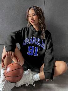 Flirla 春秋季休闲长款连帽卫衣，饰有洛杉矶英文数字图案，适合毕业季、返校季、毕业典礼、教师节等场合，女士返校套头衫，秋季卫衣 - 黑色 - 查看 3