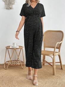 SHEIN Polka Dot Print V-Neck Maternity Jumpsuit With Cinching Waist, Spring/Summer Version. - Black - View 4