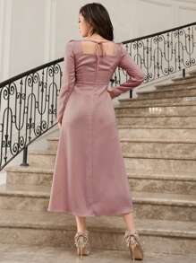 DAZY Ladies' Elegant Solid Color Slit Front Square Neck Party Gathering Long Sleeve Dress,Fall Dress - Pink - View 5