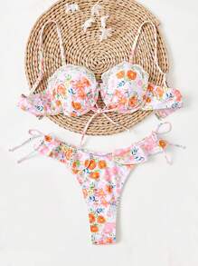 SHEIN Swim 女士度假迷你花卉比基尼套装夏季海滩 - 橘色 - 查看 3