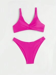Tween Girl Summer Beach Twist Detail Wire Free Bikini Set - Hot Pink - View 4