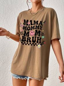INAWLY Flower, Butterfly & Letter Printed Short Sleeve T-Shirt For Summer MAMA MOMMY MOM BRUH