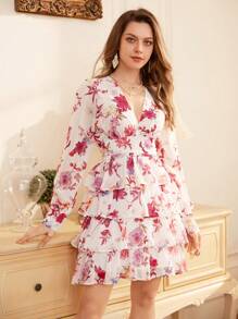 Revavyn Women Floral Printed Multi-Layered Ruffled Cinching Waist Dress For Spring And Summer Vacation Outfits Woman  Fall Cloth For Women - Red - View 1