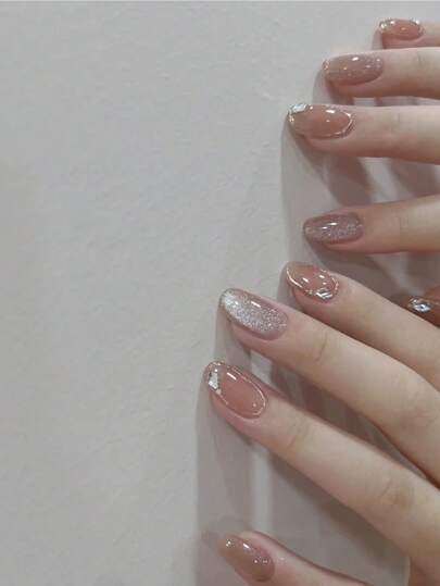 24pcs/Set Short Oval Shaped Luxury Rhinestone & Glitter False Nails, Silver Cat Eye Nail Design, With 1pc Nail Buffer And 1pc Jelly Gel Press On Nails Nail Supplies