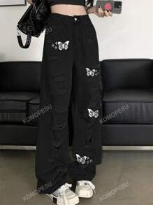 Women's Fashionable European And American Style Distressed Butterfly Printed Black Straight Leg Pants