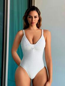 SHEIN Swim 纯色扭曲纹理连体泳衣，适合夏季海滩度假 - 白色 - 查看 3