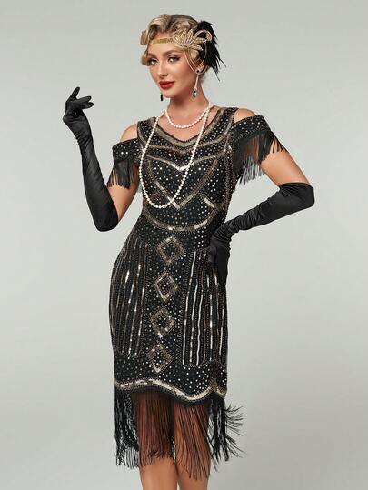 Women's 1920s Vintage Tassel Decor Dress, Suitable For Party And Evening Occasions Elegant Cocktail Semi Formal Prom Wedding Guest Dress, For Birthday, Graduation, Dinner, Homecoming Vacation Spring