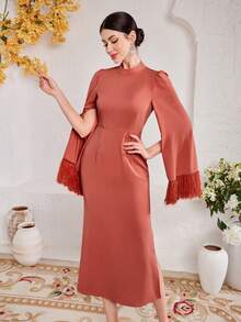 Modelyn Cloak Sleeve Fringe Trim Mock Neck Split Dress - Dusty Pink - View 4