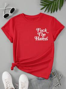 SHEIN Plus Size Alphabet Print Short Sleeve T-Shirt For Summer Graphic Tees Women Tops