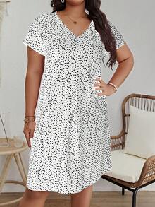 SHEIN VCAY Đầm nữ tay ngắn in họa tiết chấm bi thời trang cỡ lớn - trắng - Xem 4