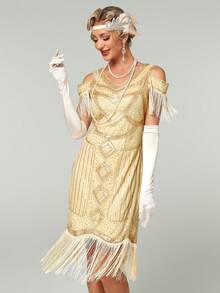 Elegant Off Shoulder Sequin Tassel 1920s Vintage Dress - Apricot - View 6