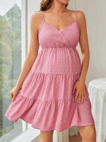 SHEIN Maternity Summer Casual Swiss Dot Spaghetti Strap Loose Fit Dress For City - Pink - View 3