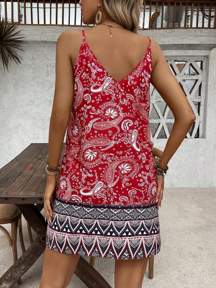 Spaghetti Strap Paisley Print Hollow-Out Dress