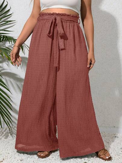 SHEIN VCAY Plus Paperbag Waist Belted Wide Leg Summer Pants