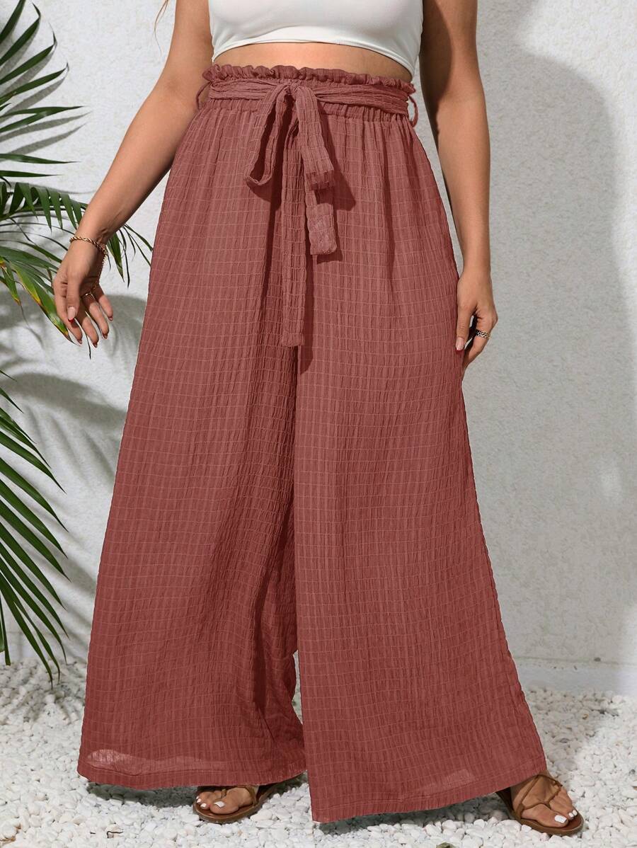 SHEIN VCAY Plus Paperbag Waist Belted Wide Leg Summer Pants - Redwood - View 1