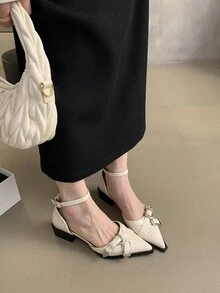Women Chunky Heel Pointed Toe Low Vamp Ivory White High Heels - Beige - View 3